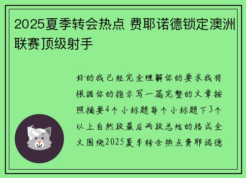 2025夏季转会热点 费耶诺德锁定澳洲联赛顶级射手